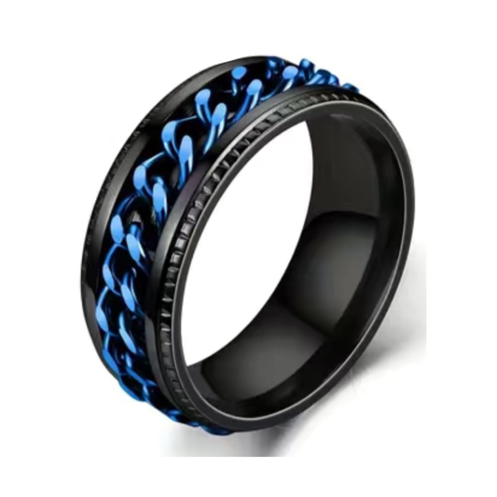 Black Stainless Steel Blue Chain Inlay Ring - Fidget Spinner Chain Band